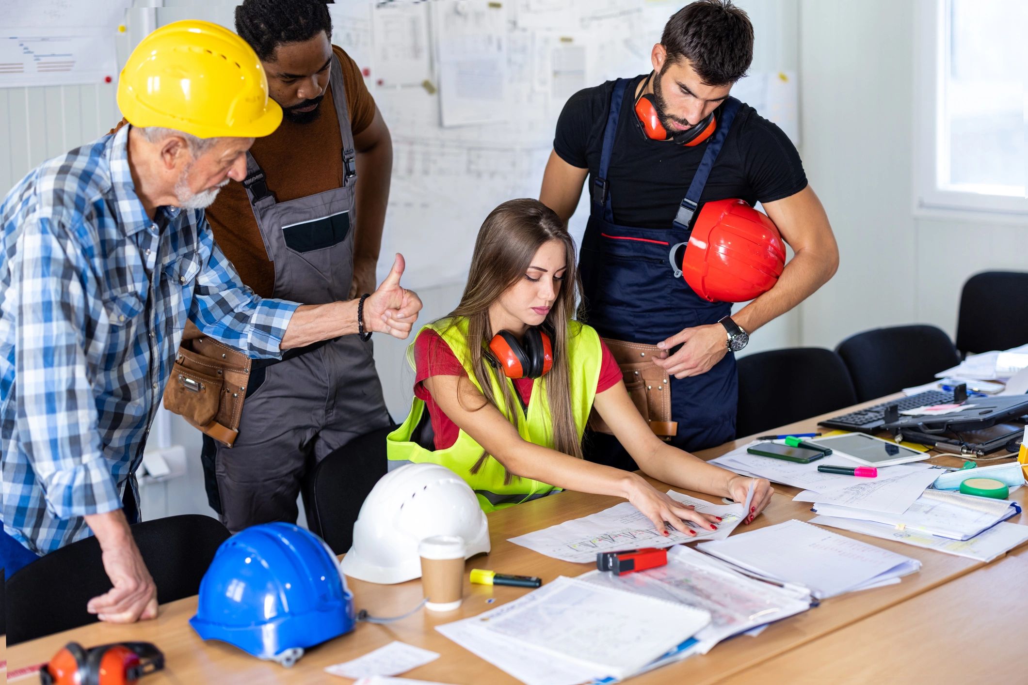 Construction team reviewing drawings in an office